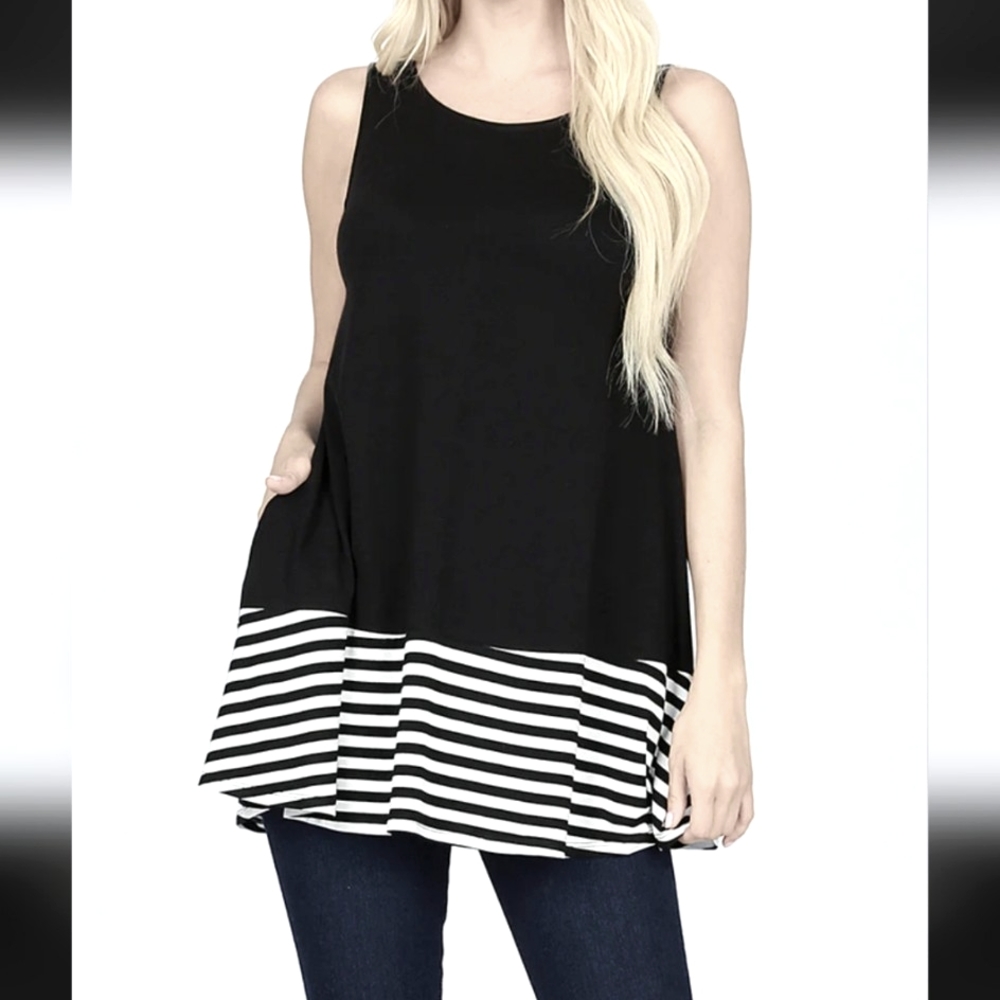 Zenana NWOT Womens Stripe Solid Contrast Sleeveless Top Med